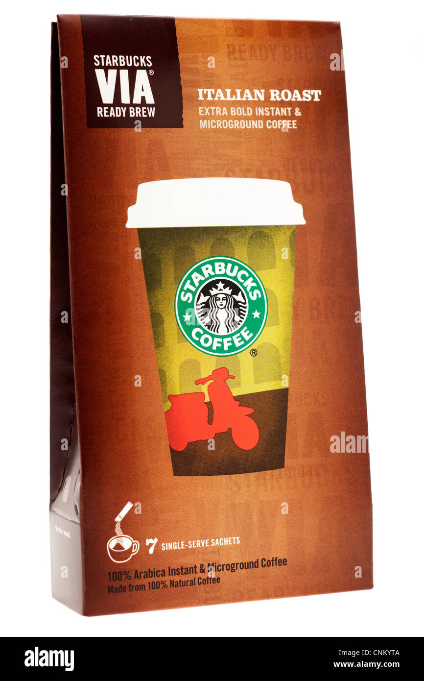 Sieben Beutel Packung Starbucks über Microground italienischer Braten instant-Kaffee Stockfoto