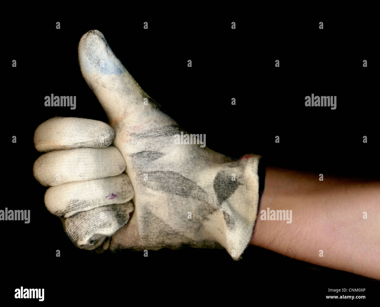 Hand mit einem weißen Handschuh machen Daumen hoch Zeichen symbolisch für "Okay" Stockfoto
