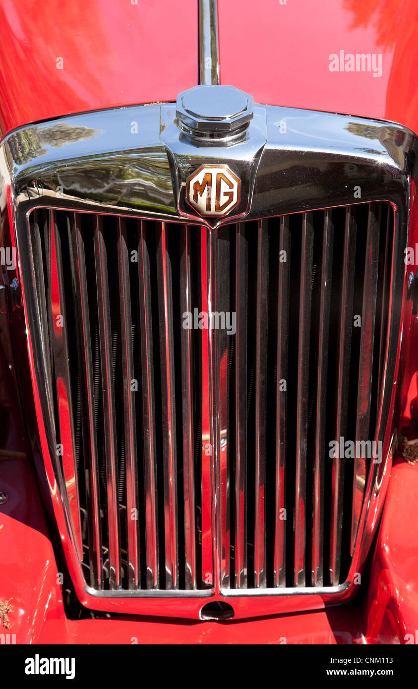 Nahaufnahme von Jahrgang 1953 MG Sportwagen Chrom Kühlergrill. Stockfoto