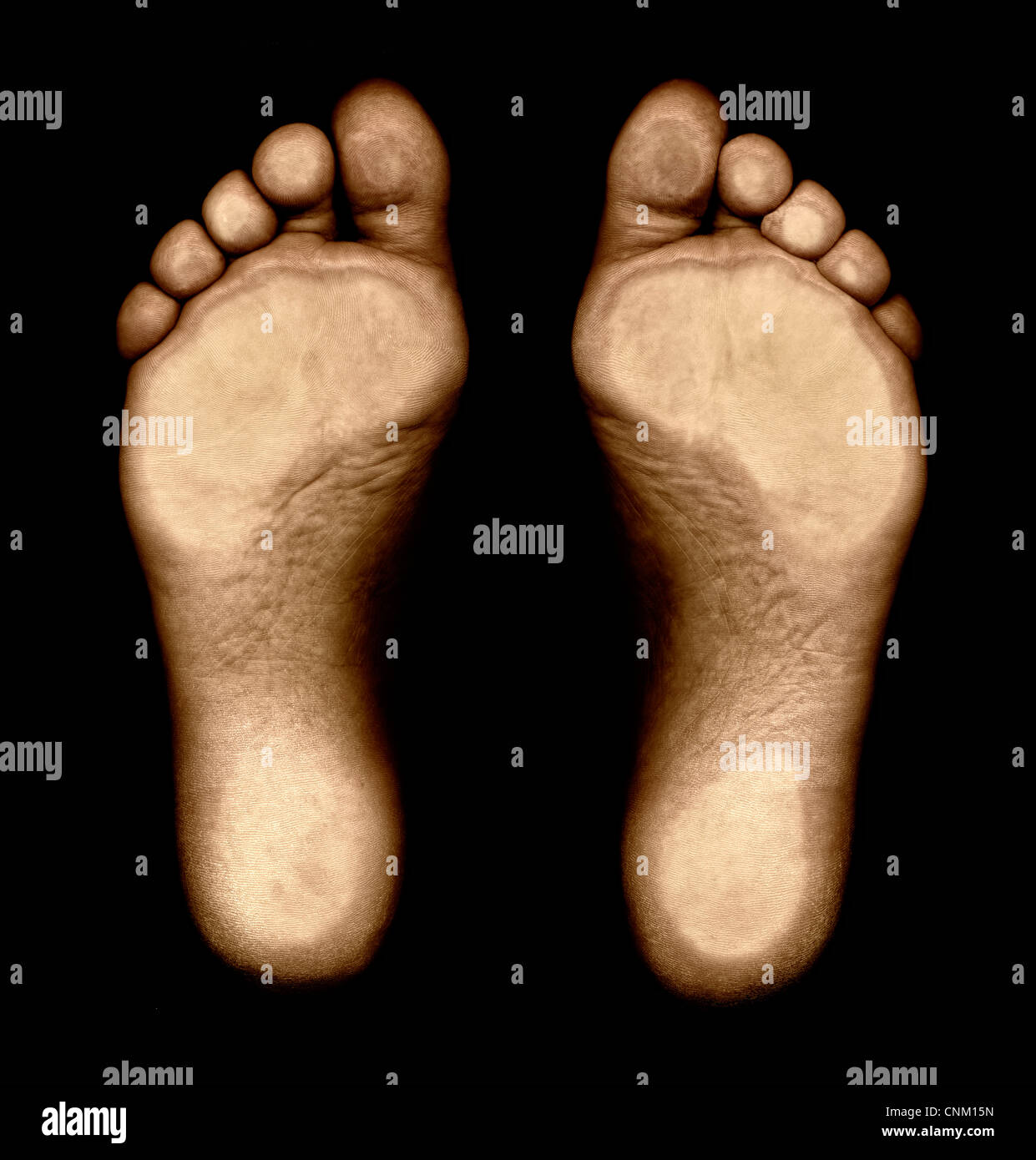 Füße von unten, Fussspuren Stockfoto