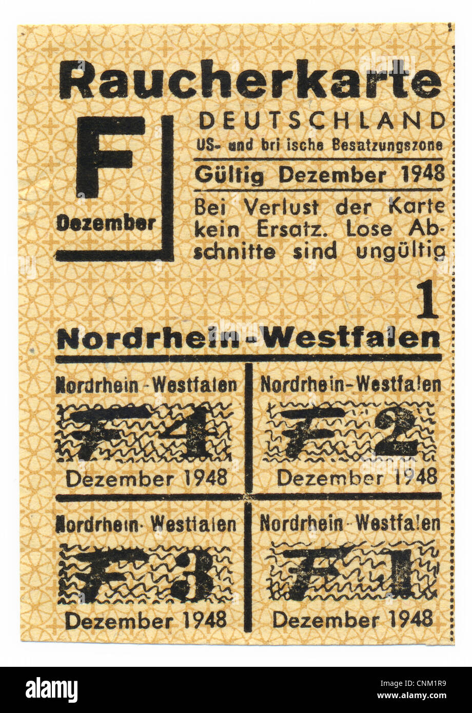 Ration Karte kaufen, Tabakwaren, Raucher Rationierungskarte von 1948, amerikanische und britische Besatzungszone, Deutschland, Europa Stockfoto