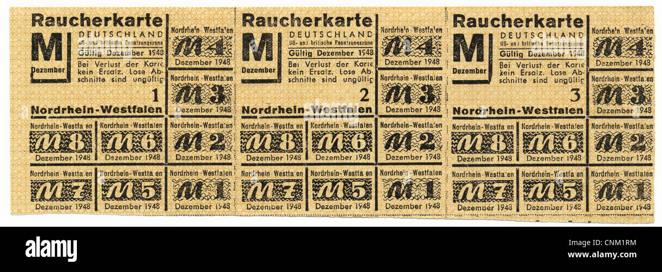 Rauchers Rationierungskarte, 1948 für North Rhine-Westphalia, amerikanischen und britischen Besatzungszone, Deutschland, Europa, Stockfoto