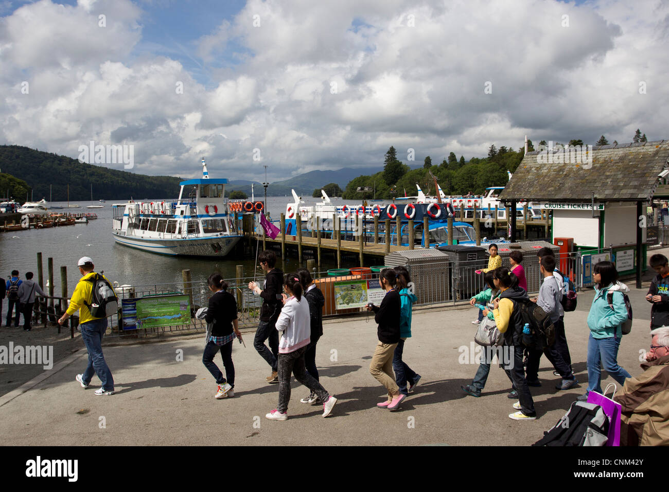 China tour Gruppe von jungen Teenagern die digitalen Fotos von Schwänen und füttern in Bowness Bay am Lake Windermere Stockfoto