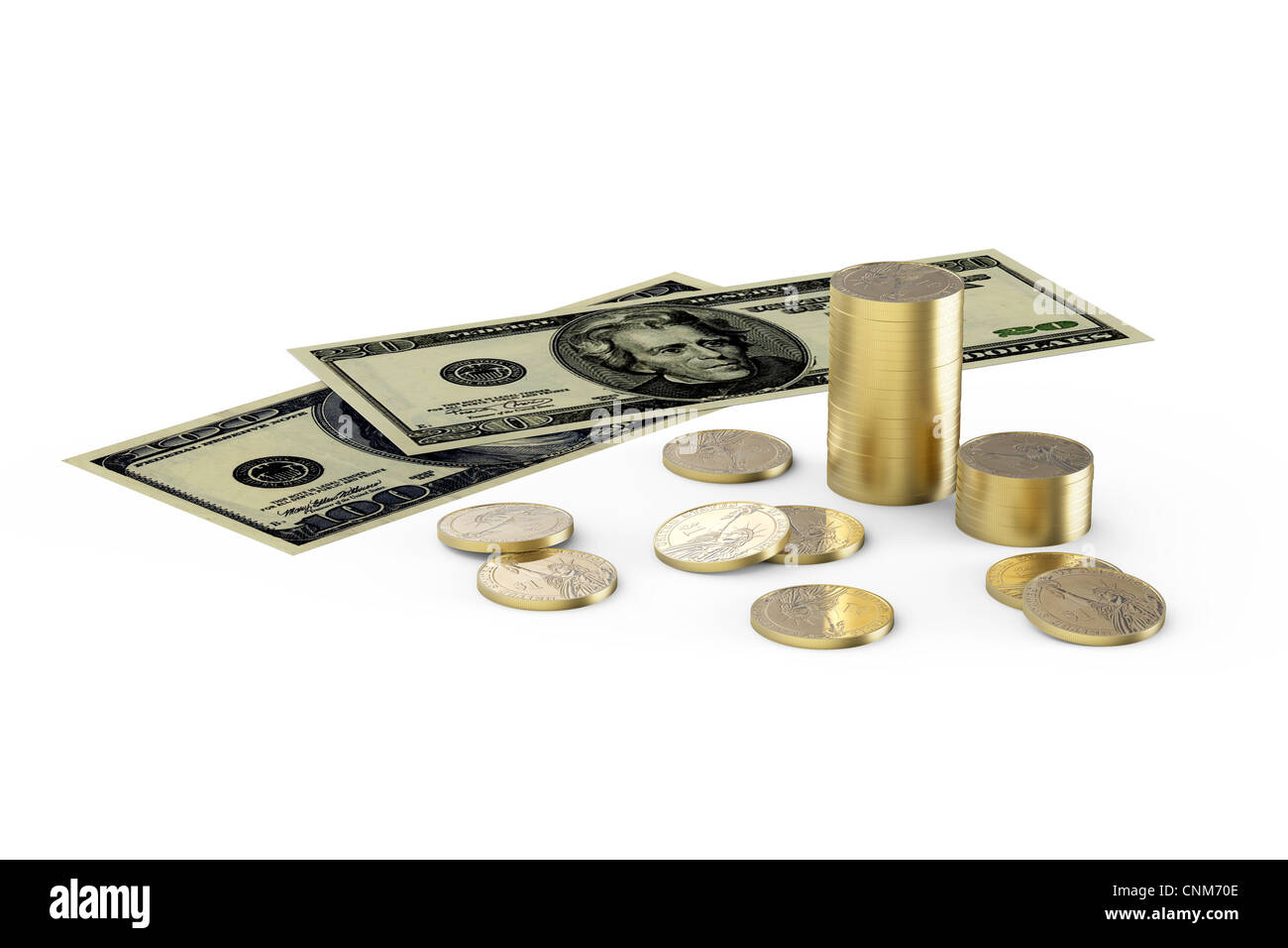US-Dollar und einem Dollar-Münzen auf weißem Hintergrund Stockfoto