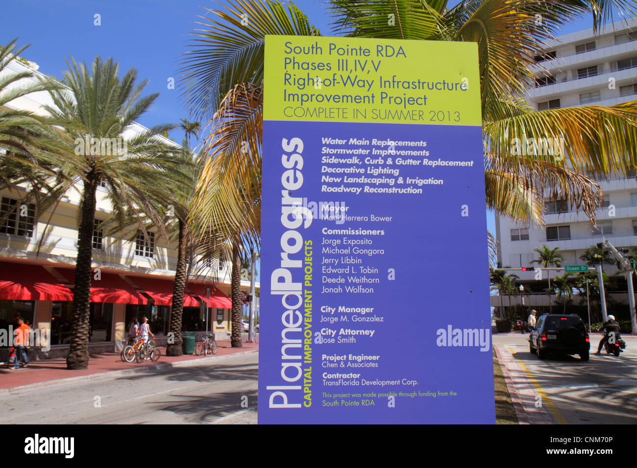 Miami Beach, Florida, Fifth 5th Street, Schild, Infrastrukturprojekt zur Verbesserung des Kapitalvermögens, Ersatz von Wasserhauptanlagen, Straßenumbau, Gebäude, Baustelle, Baumeister Stockfoto