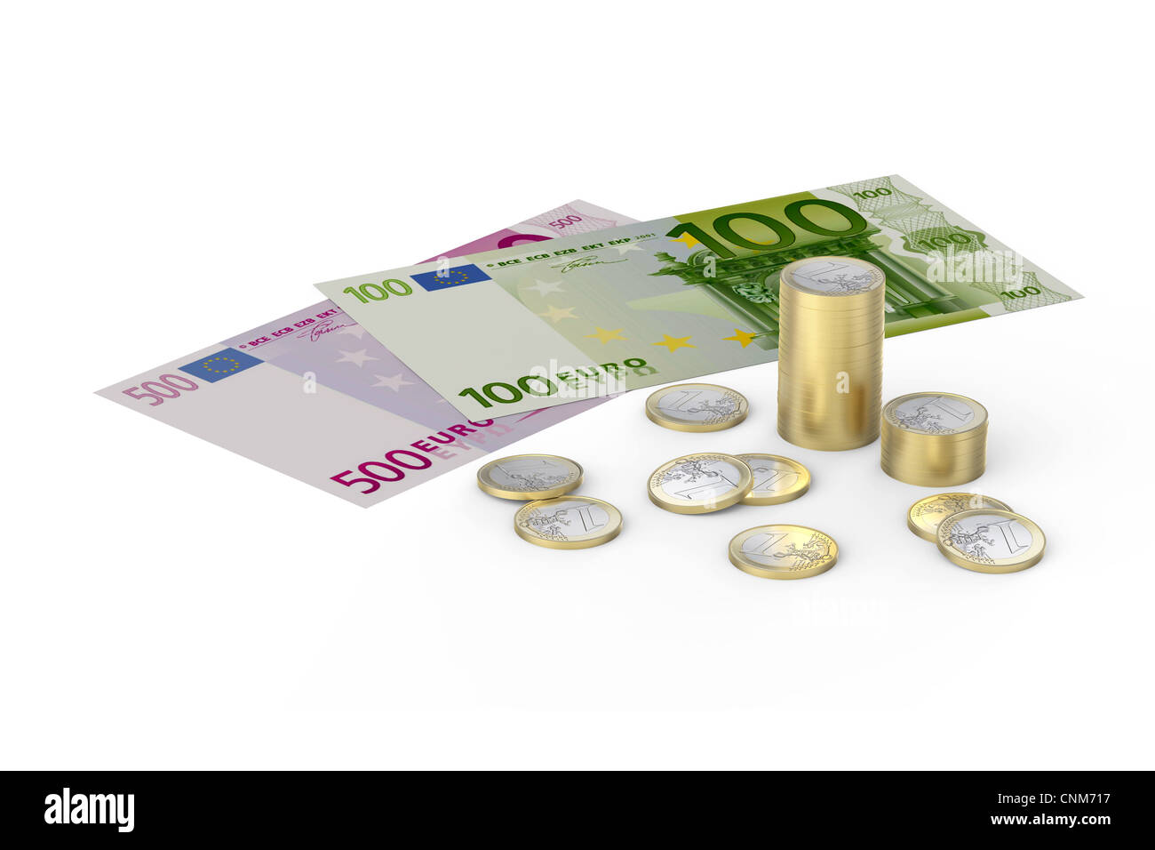 Euro und 1 Euro-Münzen auf weißem Hintergrund Stockfoto