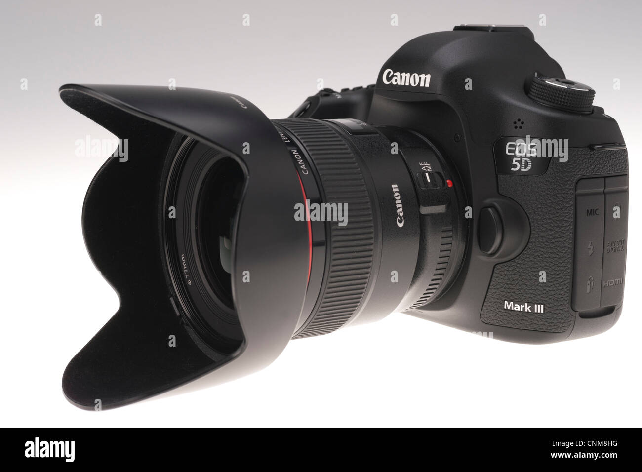 Fotoausrüstung - Canon EOS 5D MkIII mit 24mm f/1.4 Objektiv Stockfoto