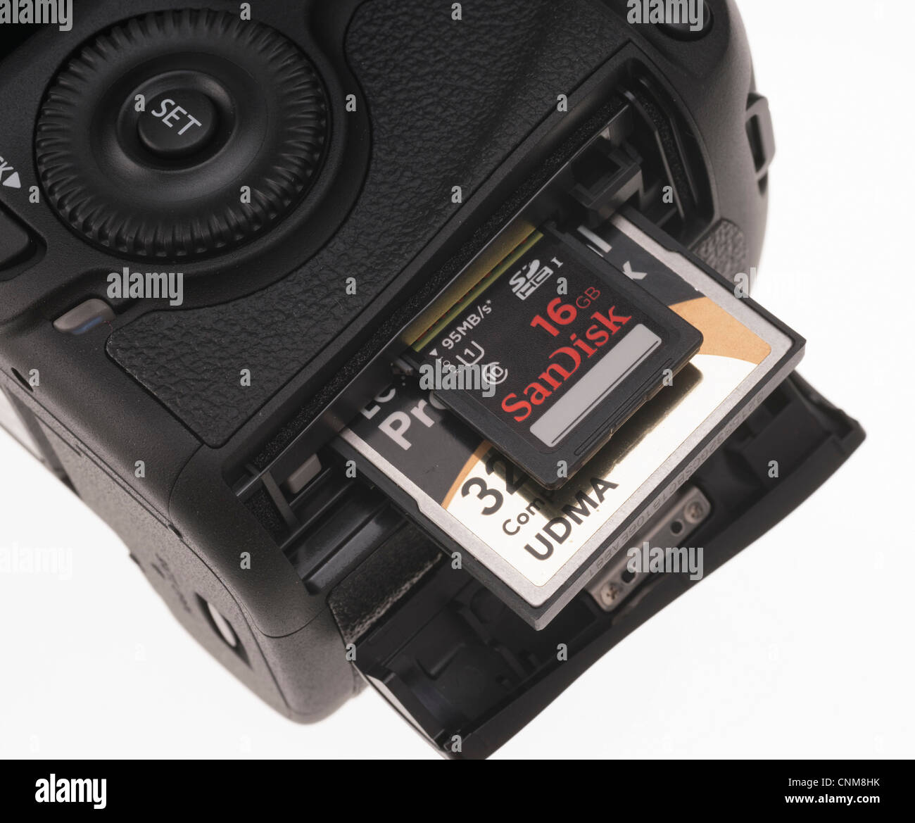 Fotoausrüstung - Canon EOS 5D MkIII CompactFlash und SDHC-Kartensteckplätze zeigen. Stockfoto