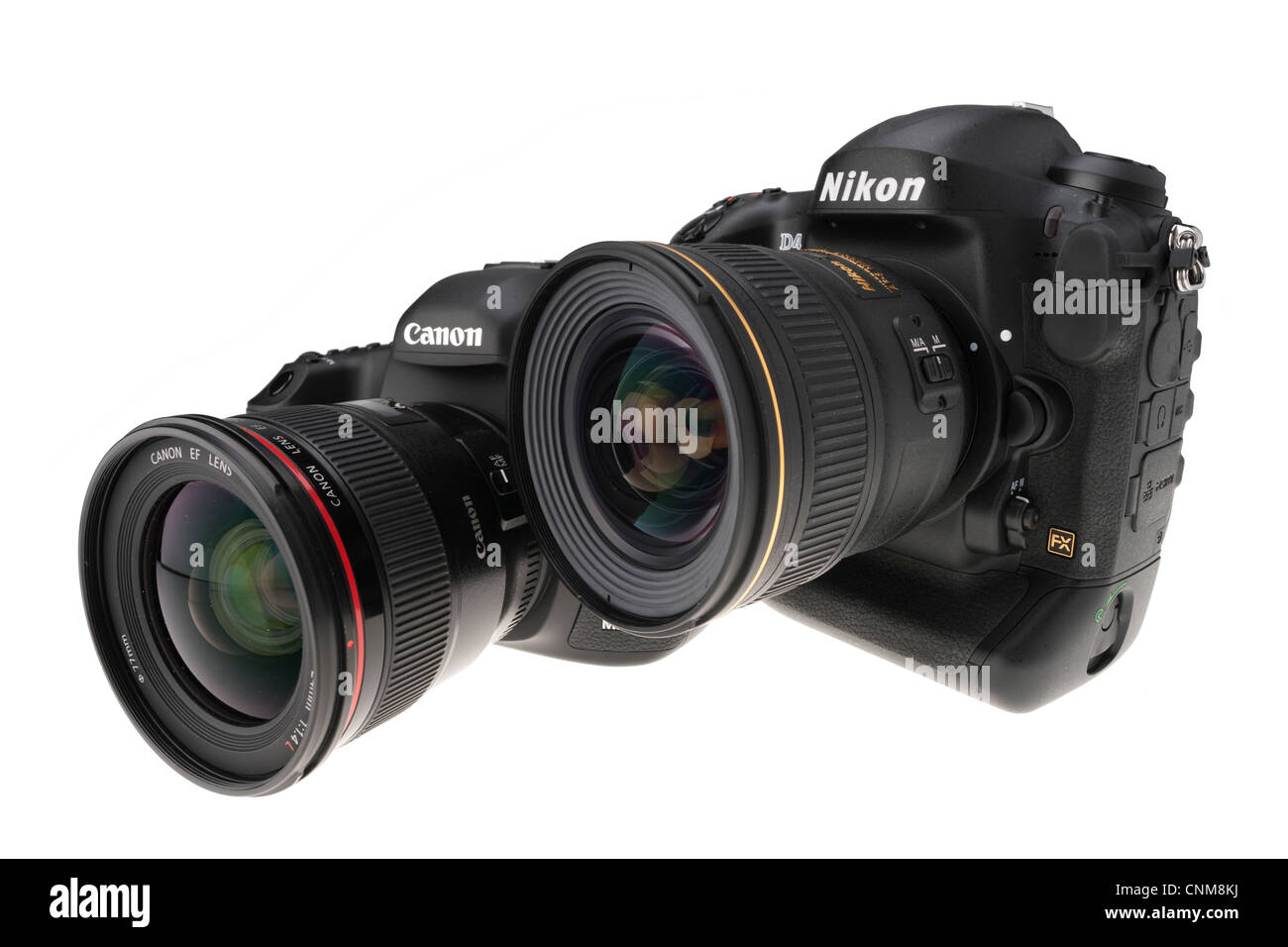 Fotoausrüstung - Nikon D4 und Canon EOS 5D MkIII DSLRs, professionelle Ausrüstung 2012 Stockfoto