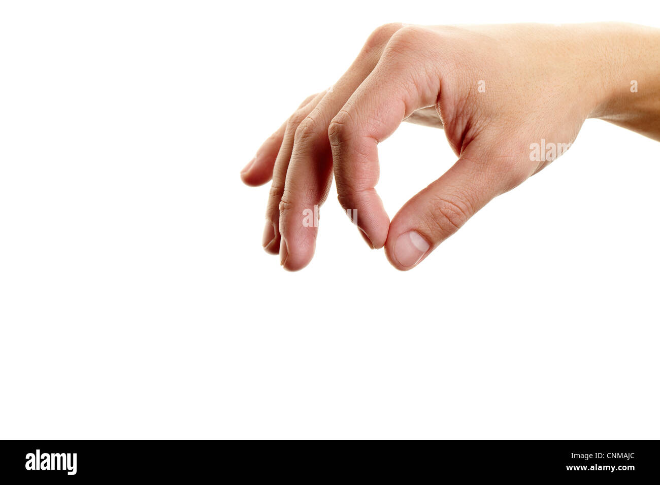 Männliche Hand mit Zeigefinger und Daumen zusammen Stockfoto
