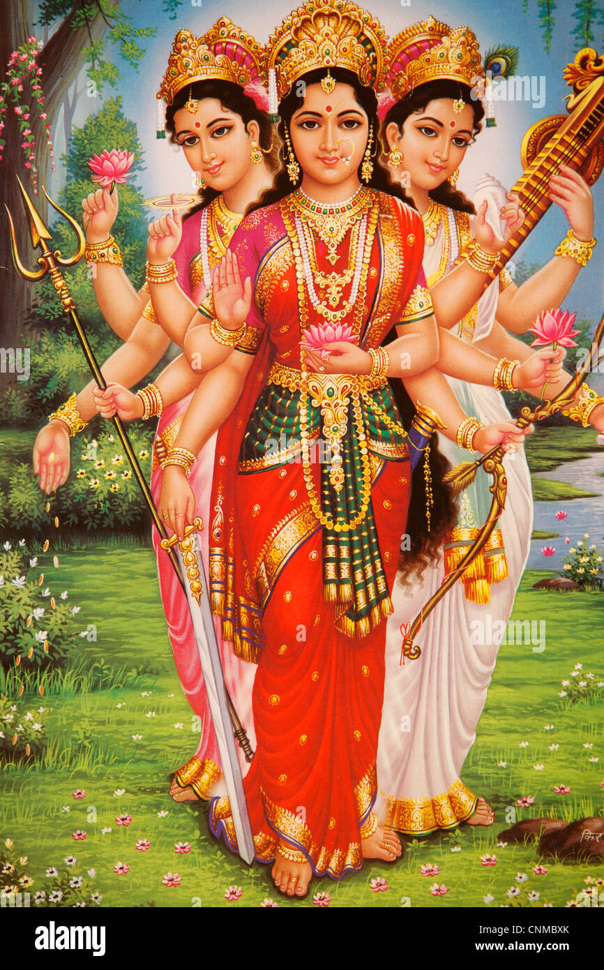 Bild der hinduistischen Göttinnen Parvati, Lakshmi und Saraswati, Indien, Asien Stockfoto