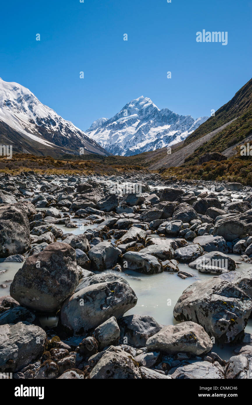 Mount Cook aus dem Hooker Valley Track. Aoraki Mount Cook National Park. Südinsel, Neuseeland. UNESCO Welterbe-Aufstellungsort Stockfoto