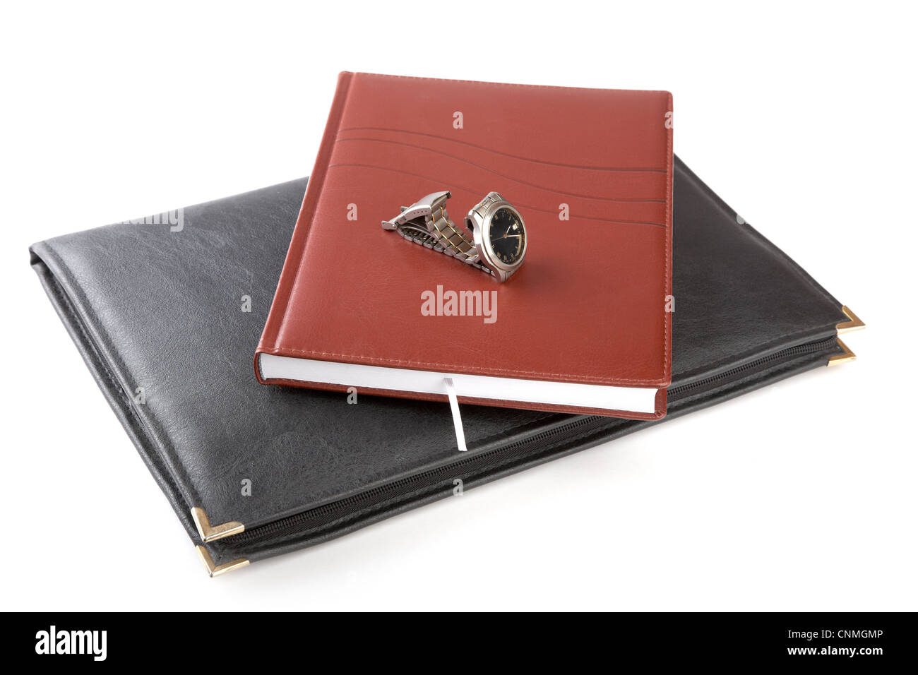 Ordner für Papiere, Veranstalter und beobachten Sie auf einem weißen Hintergrund Stockfoto