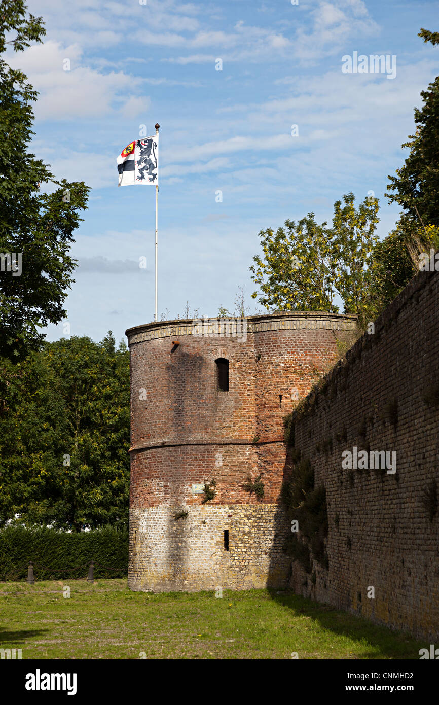 Mittelalterlichen Turm auf Stadtmauer mit Stadtfahne, Bergues, Nord, Frankreich Stockfoto