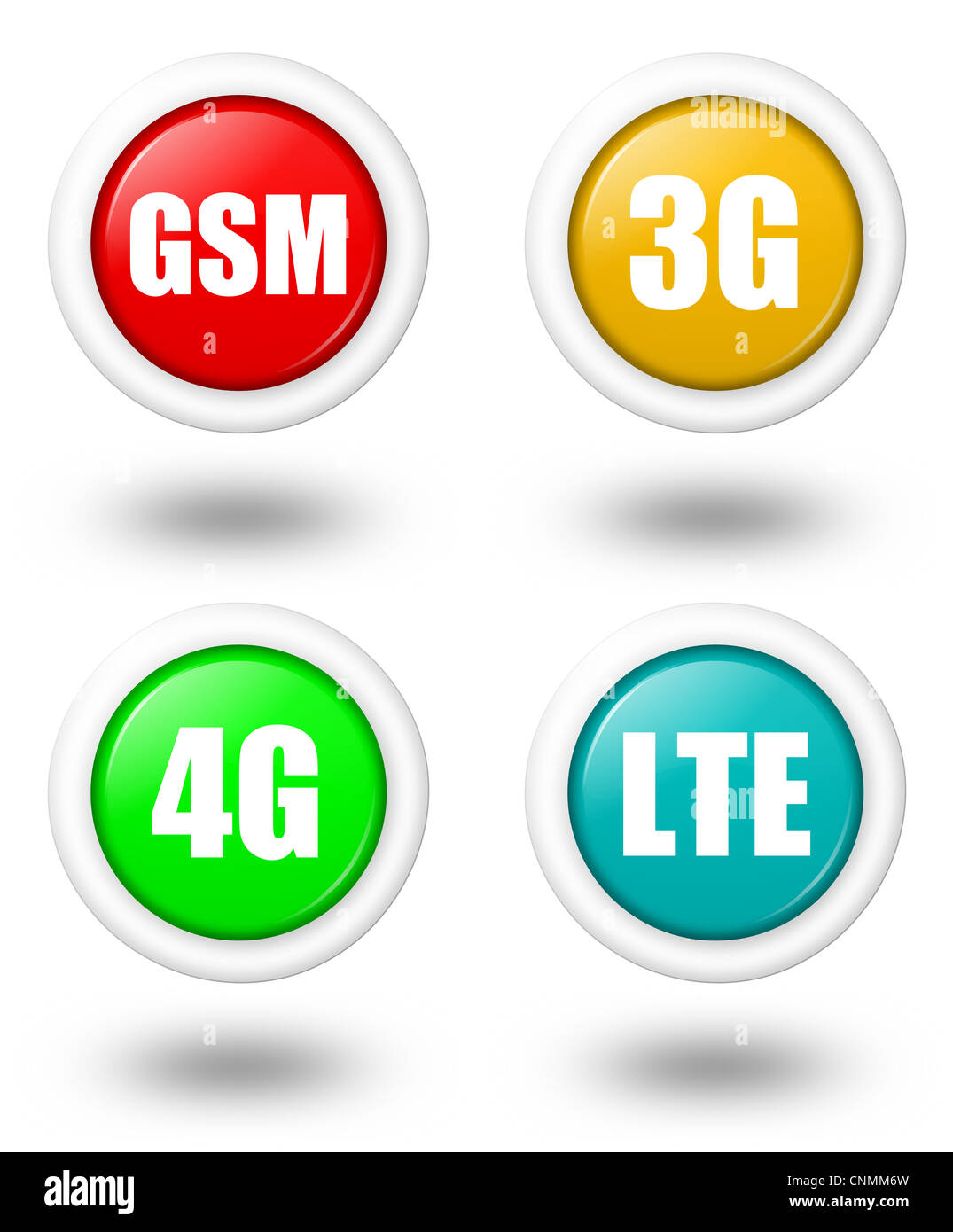 LTE, 4G, 3G und GSM Symbolsatz mit Schatten Stockfoto