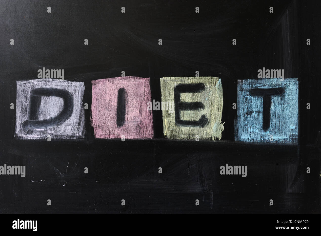 Kreidezeichnung - "Diät" Wort an die Tafel geschrieben Stockfoto