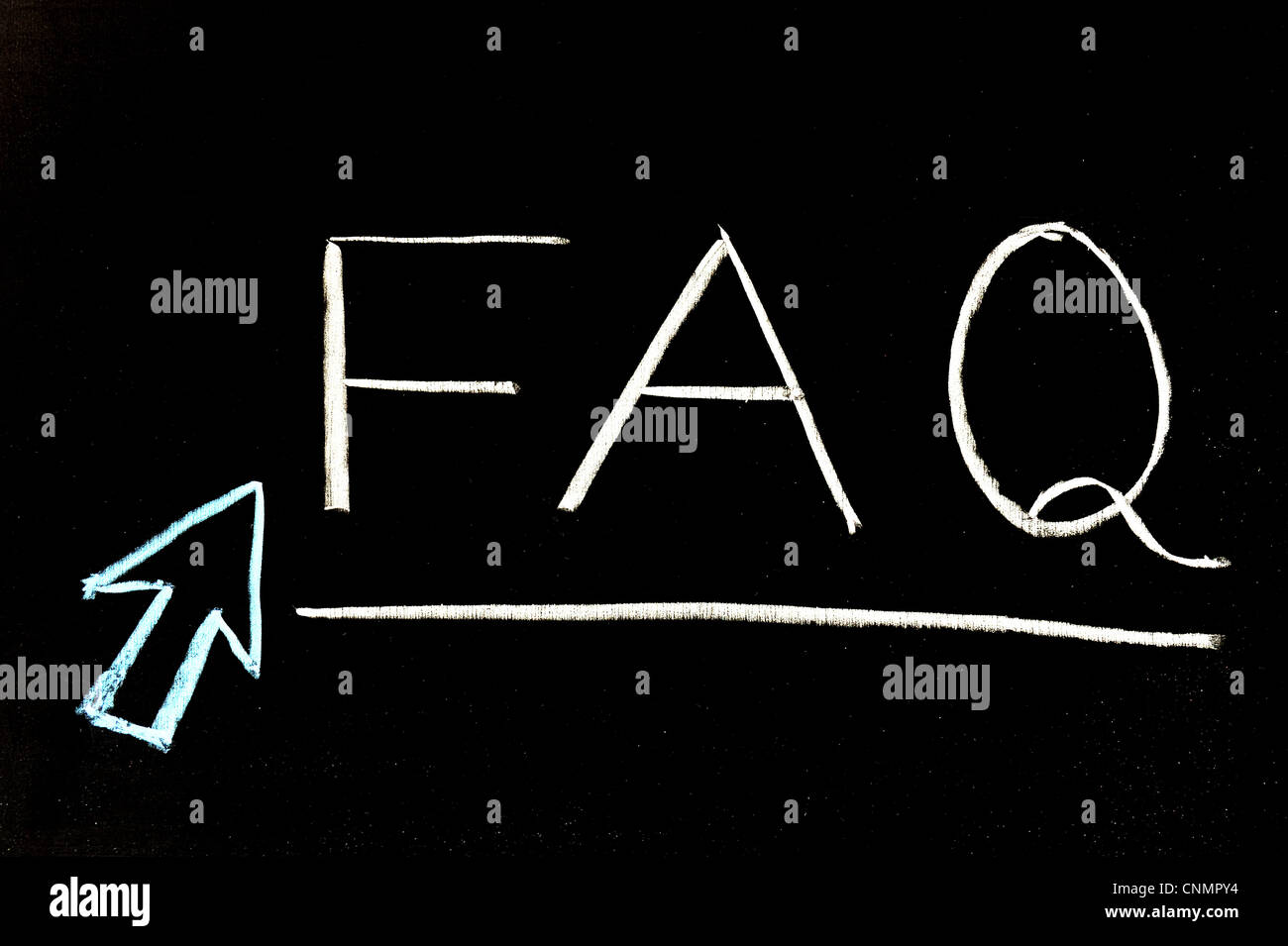 Tafel schreiben - FAQ, Frequently Asked Question Stockfoto
