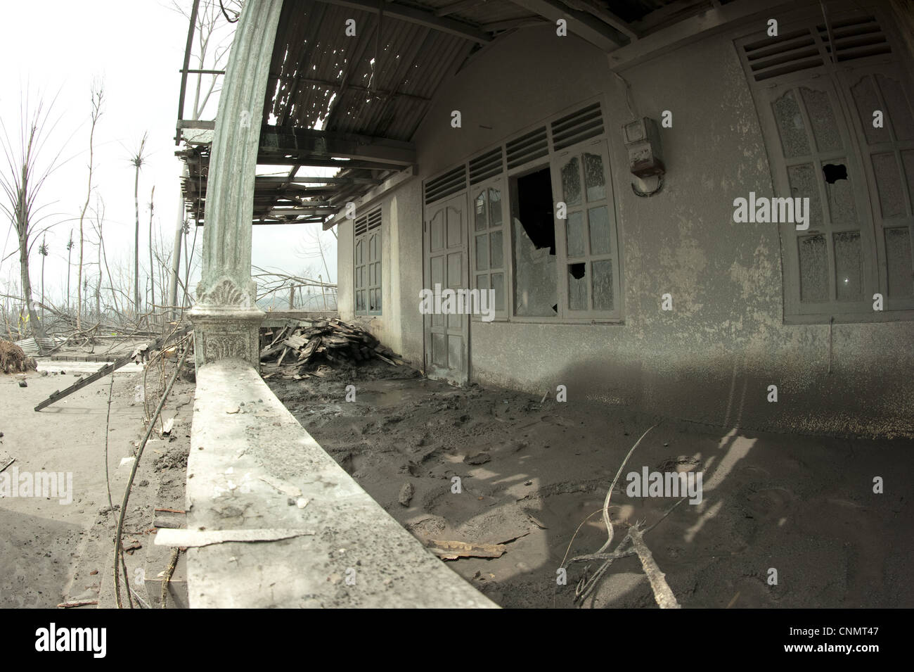 Asche bedeckt beschädigten Haus tote Bäume den letzten Vulkanausbruch Kepuharjo Mount Merapi Zentral-Java Indonesien November 2010 Stockfoto