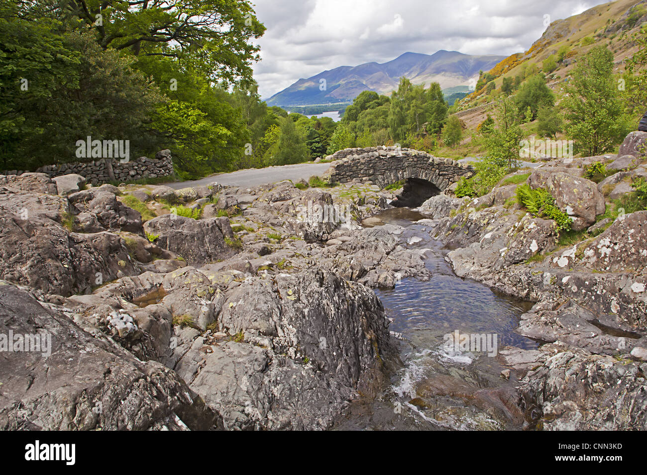 Felsigen Stream und steinerne Brücke, Ashness Brücke, Keswick, Lake District, Cumbria, England, Mai Stockfoto