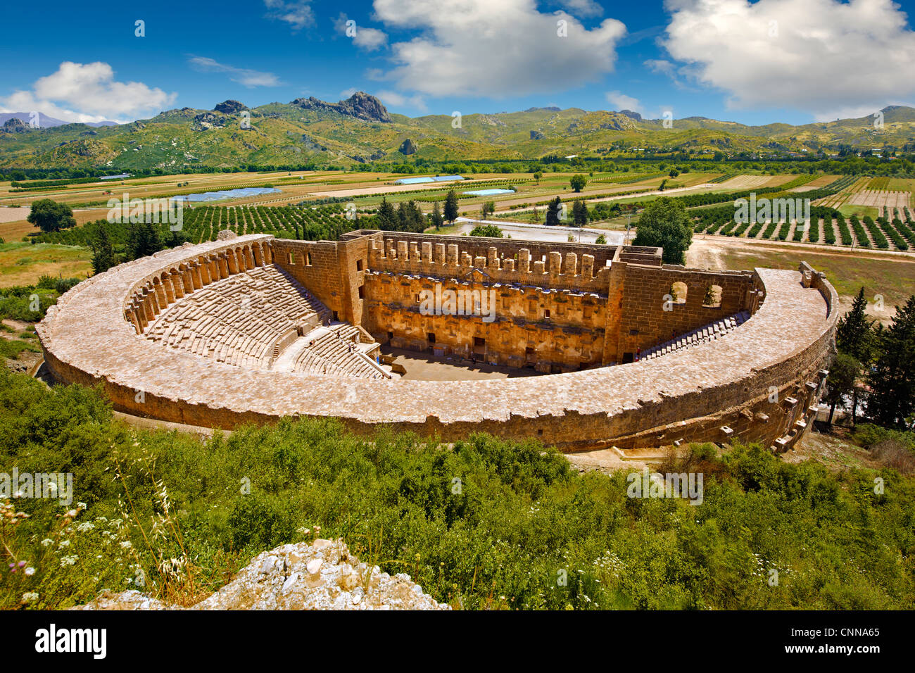 Äußere des Römischen Amphitheater von Aspendos in der Türkei Stockfoto