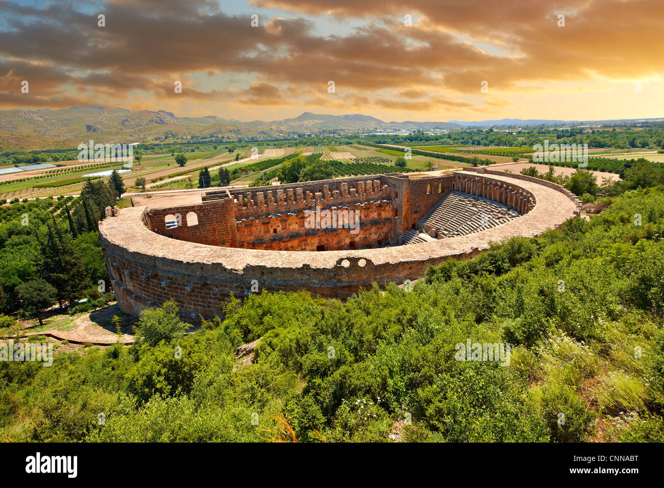 Äußere des Römischen Amphitheater von Aspendos in der Türkei Stockfoto