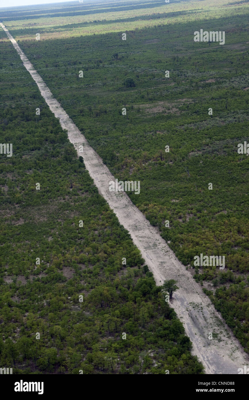 Luftaufnahme der Grenzlinie läuft durch den Park Okavango Stockfoto