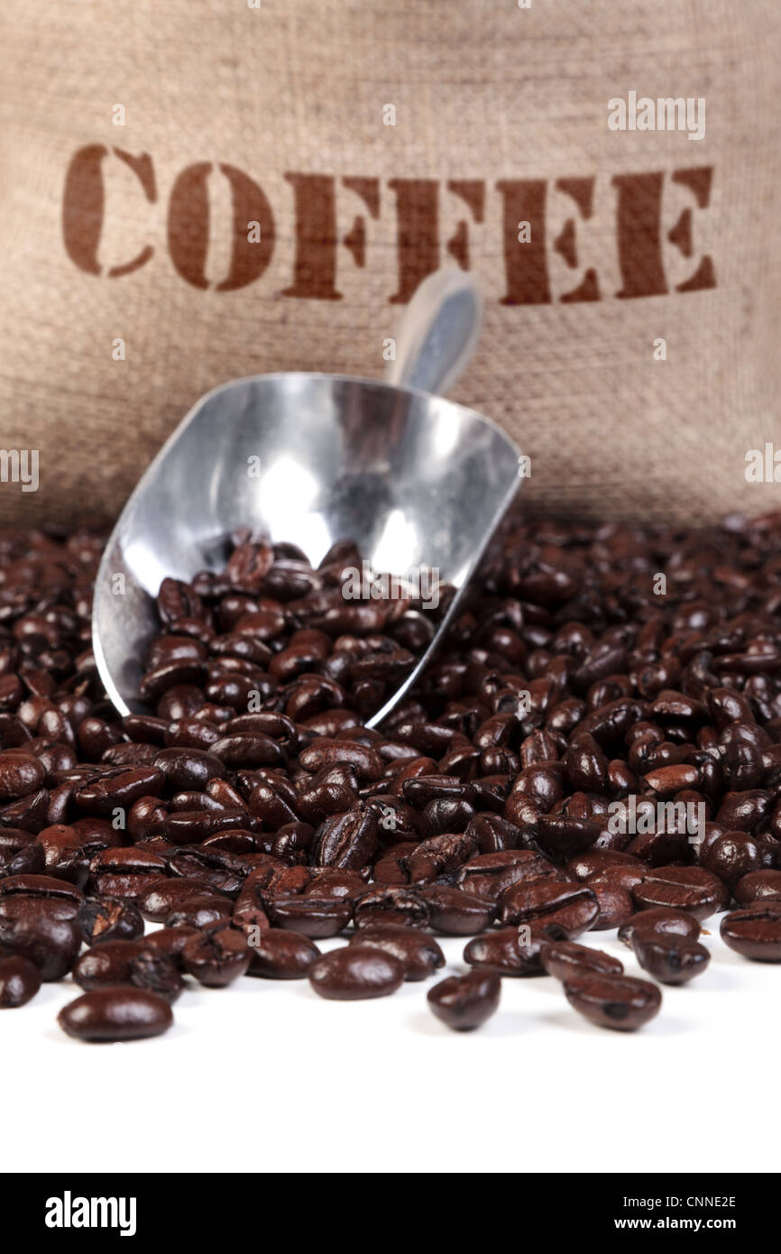 Foto von frisch gerösteten Kaffeebohnen eine Schaufel und hessischen Sack. Stockfoto