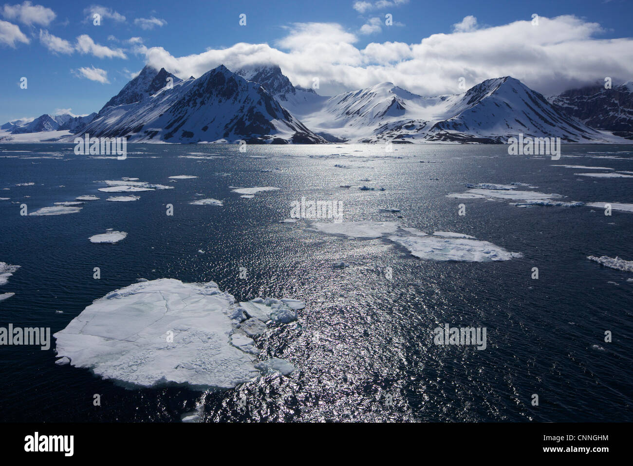 Pack-Eis in den Fjord hornesund im Sommer Sonnenschein, Spitzbergen, Svalbard, Das arktische Norwegen, Europa Stockfoto