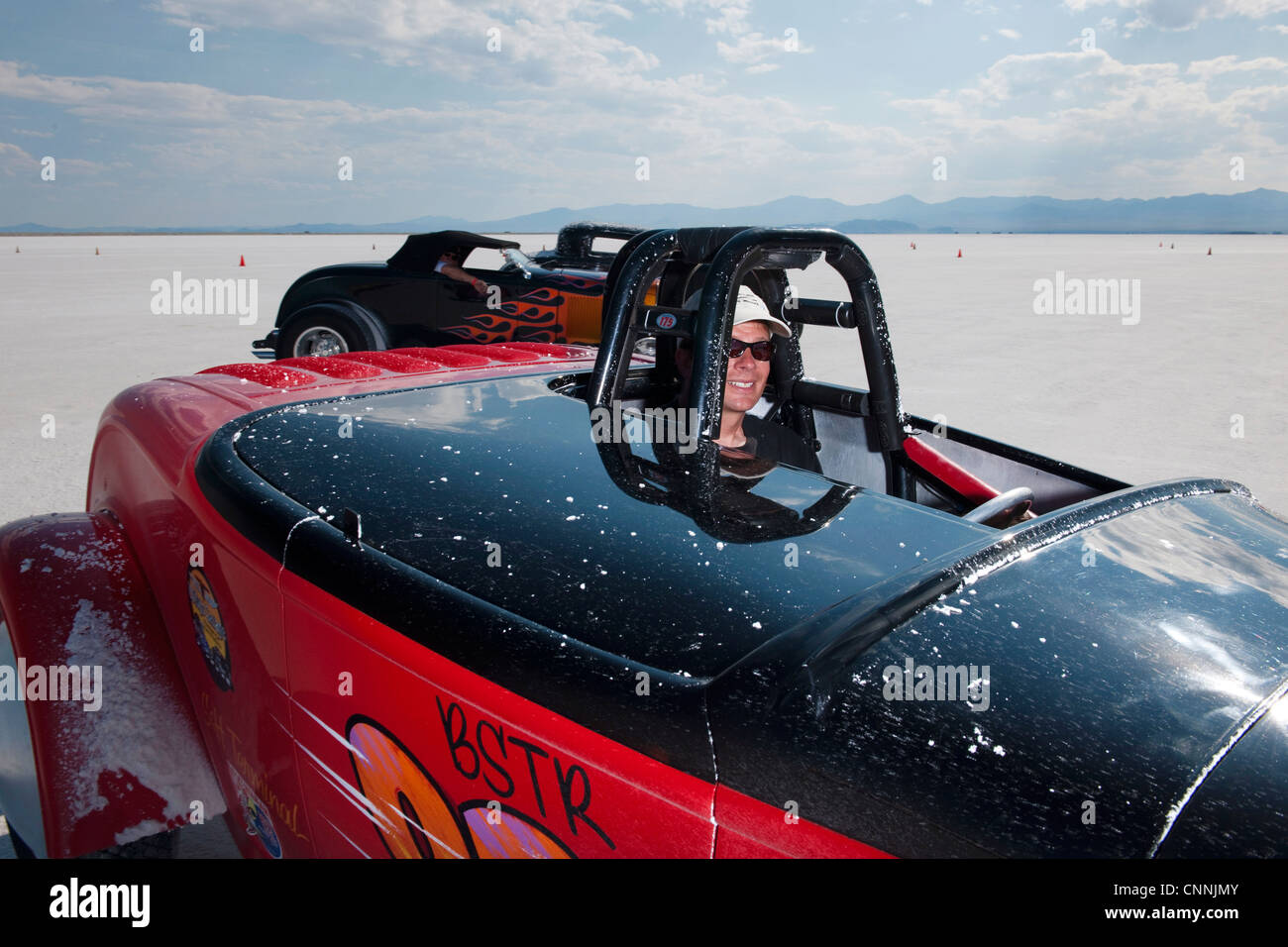 Salzsee von Bonneville speed Woche Retro-Motorrad Rennfahrer in den USA, Hot-Rod auf weißen Salinen Stockfoto
