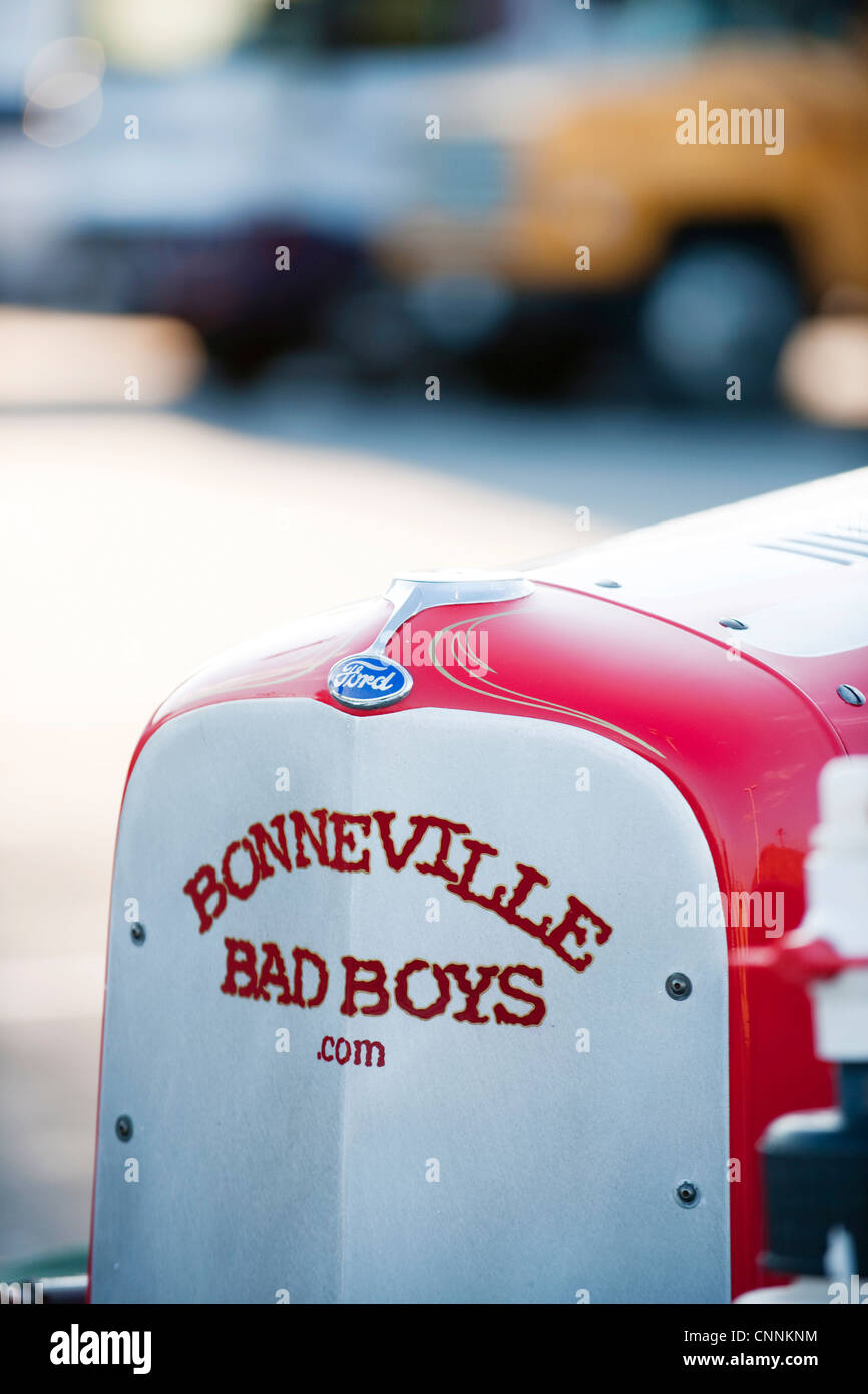 Front-End von Oldtimer-Rennwagen bei Bonneville Salt flach Stockfoto