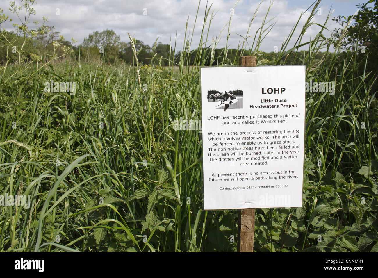 Hinweisschild vor kurzem gekauft Fen Lebensraum Rekultivierung Projekt wenig Ouse Quellgebiet Projekt Webb Fen Thelnetham Stockfoto