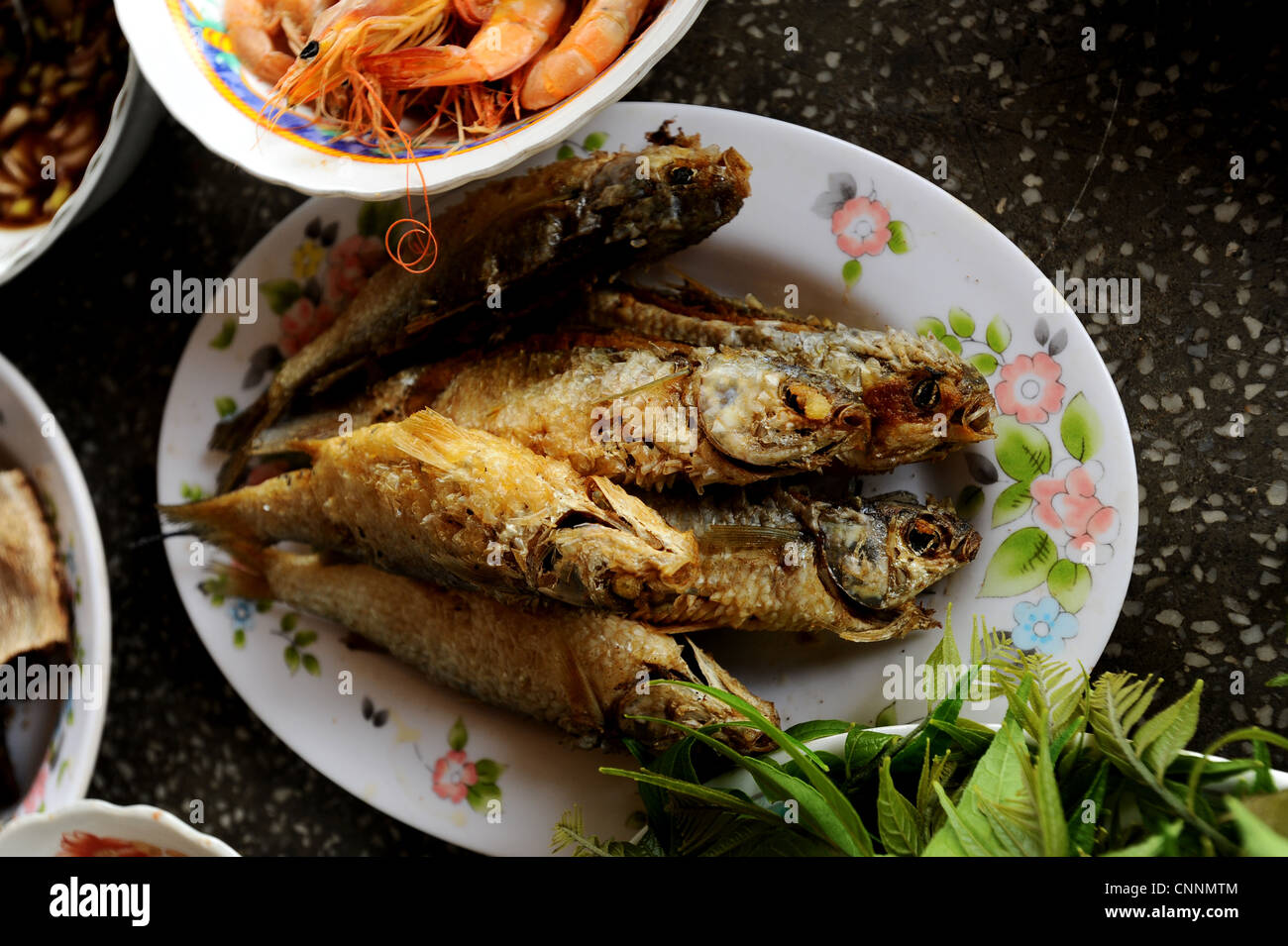 fritierter Fisch-thai-Stil, thai Seafood, Koh Sukon(pig island), Trang, Süd-thailand Stockfoto
