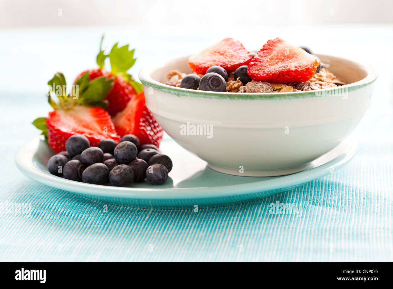 Schüssel mit Müsli, Erdbeeren und Heidelbeeren für gesundes Frühstück Stockfoto