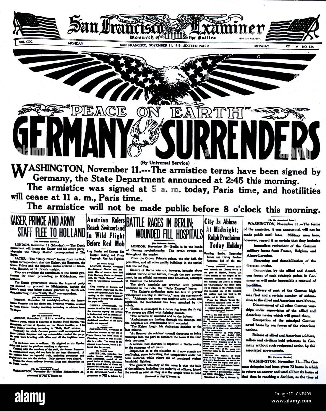 ERSTEN Weltkrieg Waffenstillstand wie berichtet von den San Francisco Examiner im Jahre 1918 Stockfoto