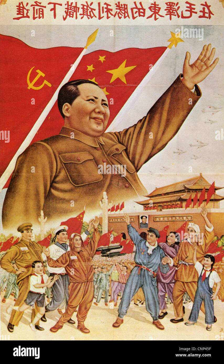 MAO TSE-TUNG (Zedong) (1893-1976), chinesische Revolutionsführer im Plakat feiert chinesischen und russischen Fortschritte Stockfoto