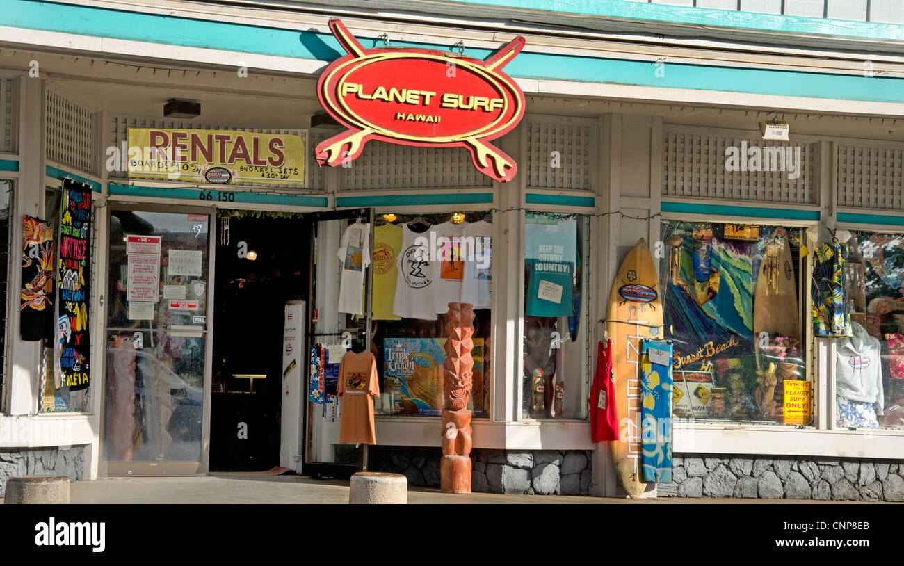 Malerische Geschäfte in der beliebten Stadt Haleiwa am North Shore von Oahu, Hawaii, in der Nähe der berühmten Surf-Stränden. Stockfoto
