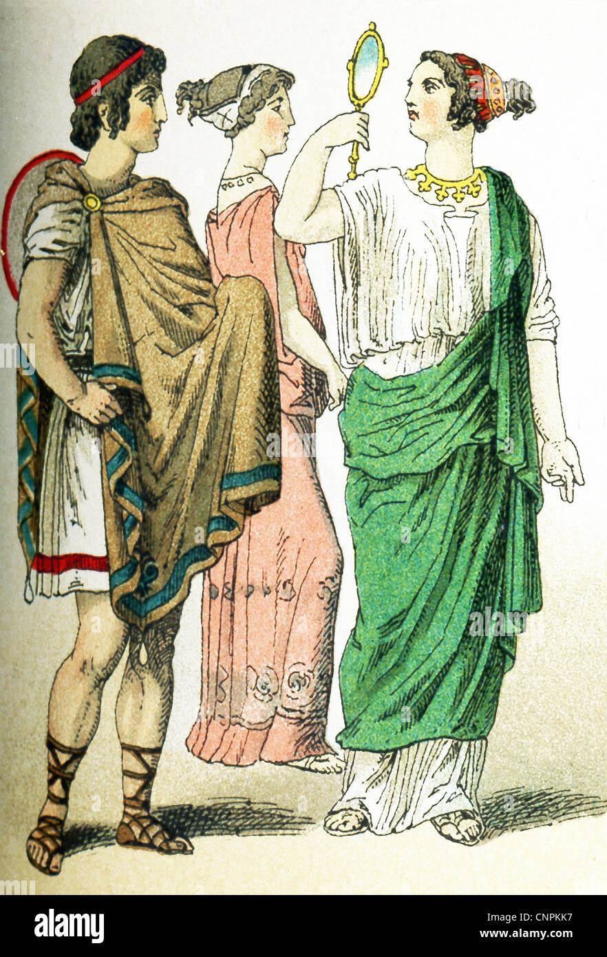 Die alten Griechen, die hier vertreten sind, von links nach rechts: ein Grieche in Reisen Kleidung, zwei Frauen. Stockfoto