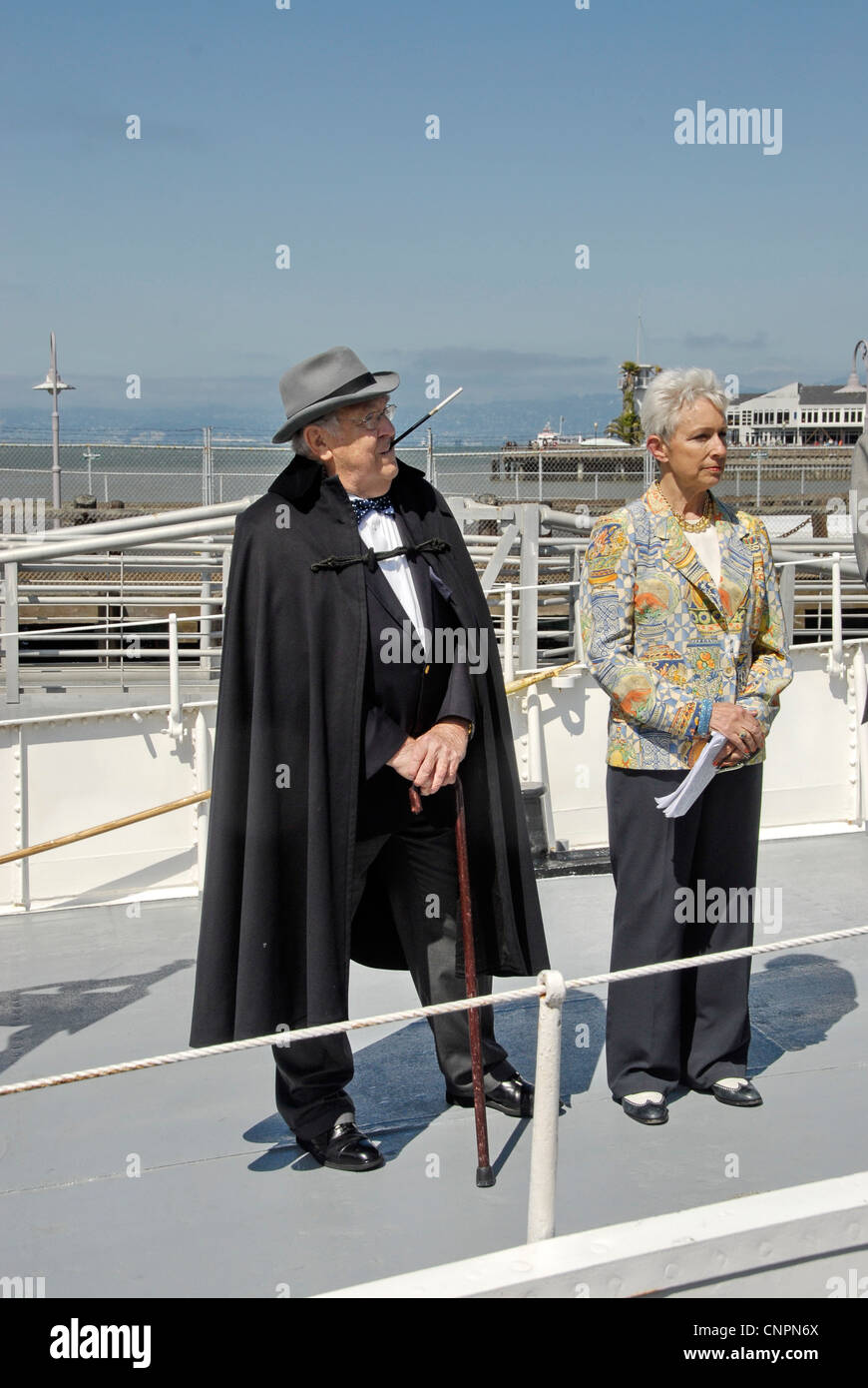 Schauspieler verkörpern Präsident Franklin d. Roosevelt an Bord der USS Potomac in San Francisco, Kalifornien, USA Stockfoto