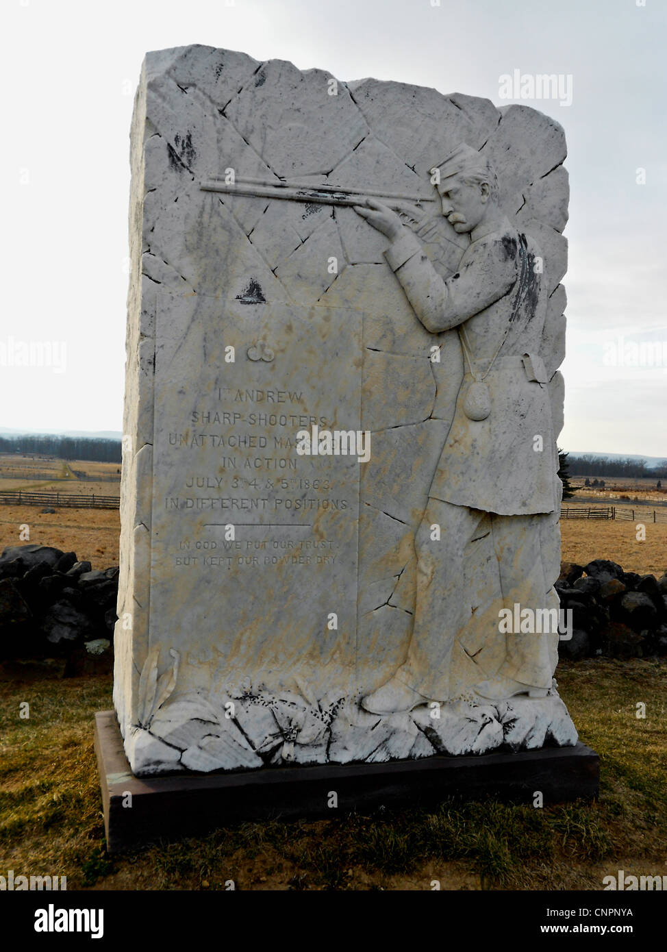 Denkmal auf dem Schlachtfeld von Gettysburg (PA), Andrew Sharp Shooter (Massachusetts) Stockfoto