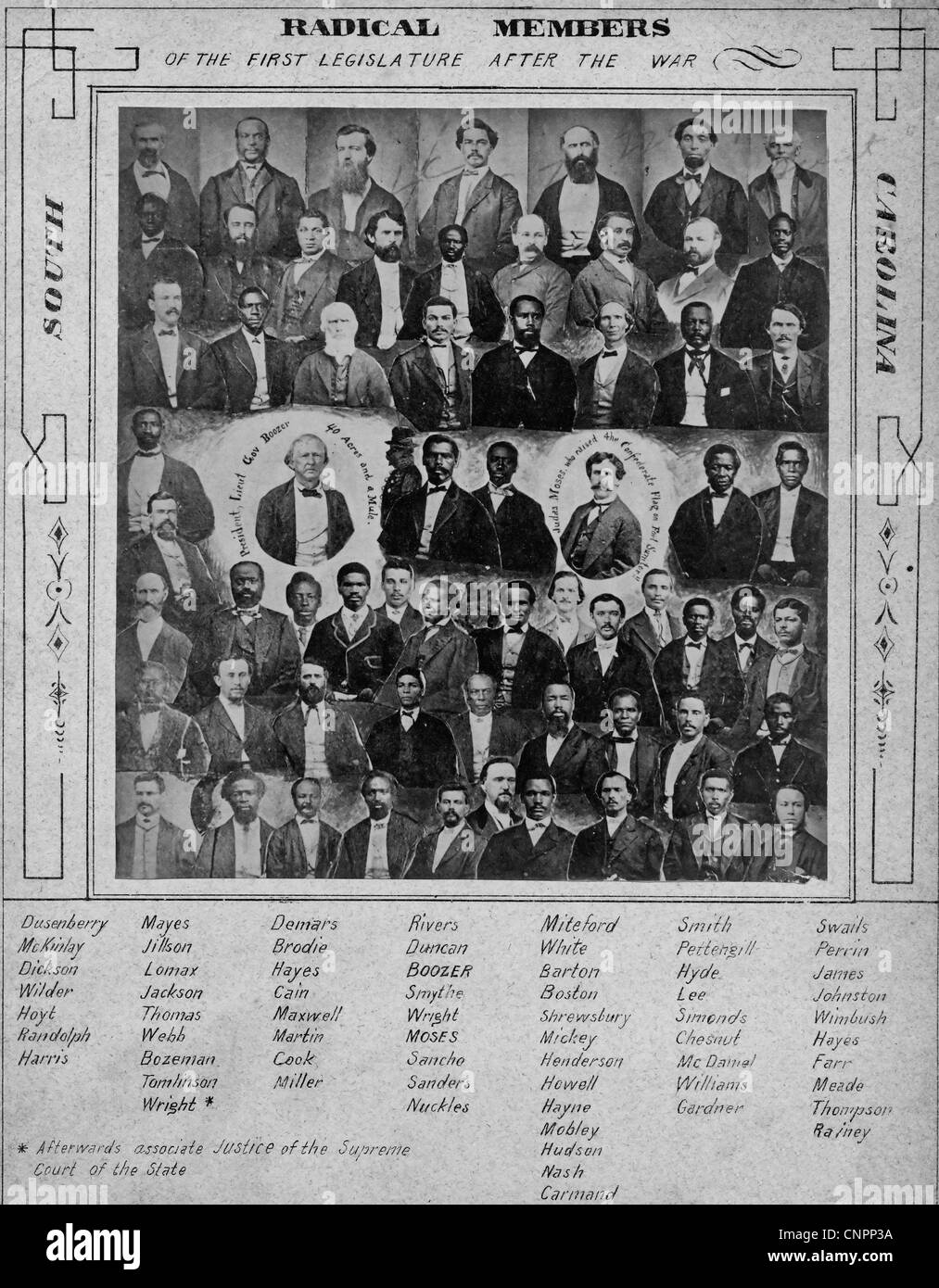 Fotomontage von Mitgliedern der ersten South Carolina Gesetzgeber nach dem Bürgerkrieg, montiert auf Karte mit jedem Mitglied identifiziert, ca. 1876 Stockfoto