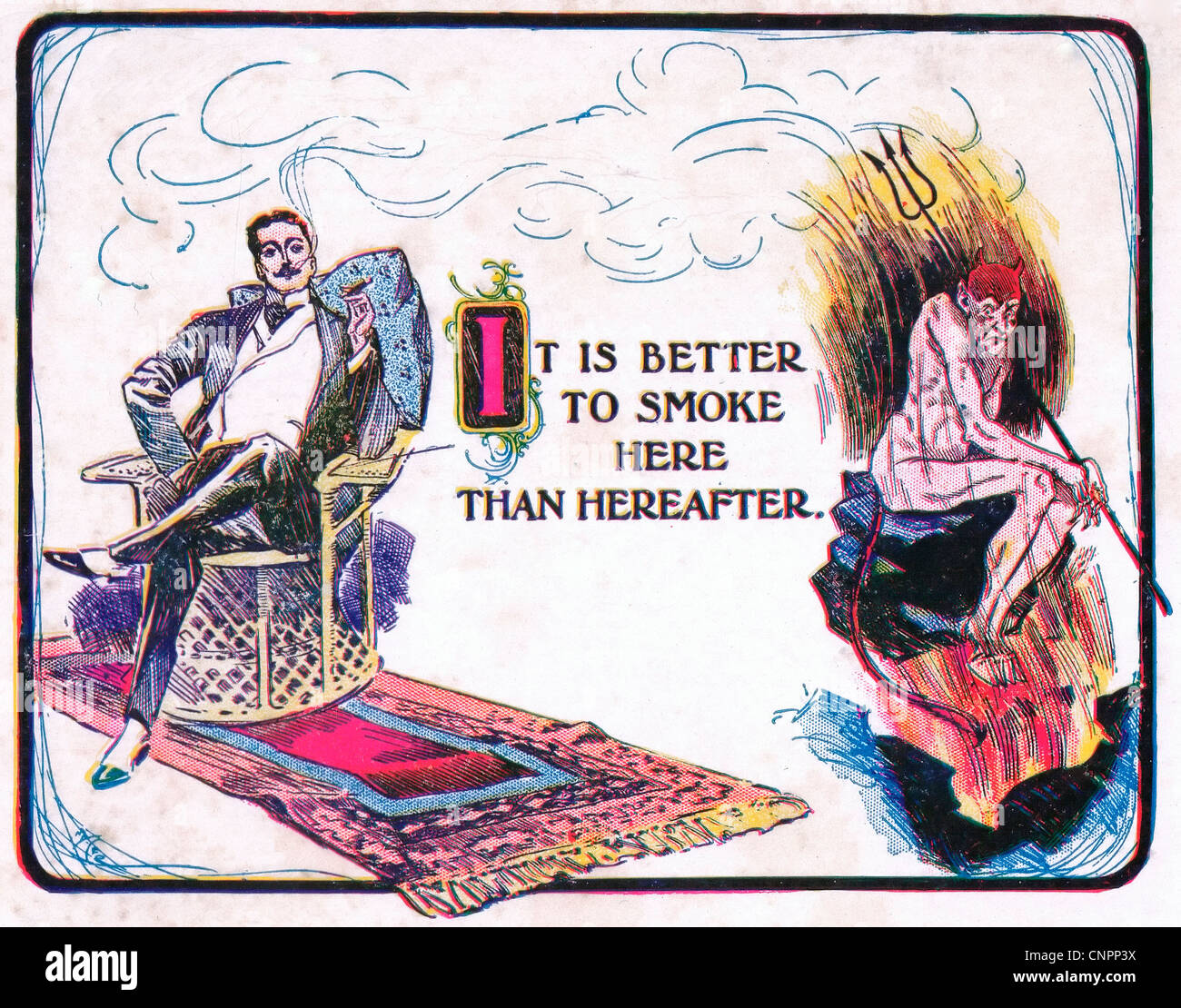 Es ist besser, Rauch hier als jenseits. Cartoon zeigt einen Mann Rauchen auf der einen Seite und brennen in der Hölle auf der anderen Seite. Stockfoto