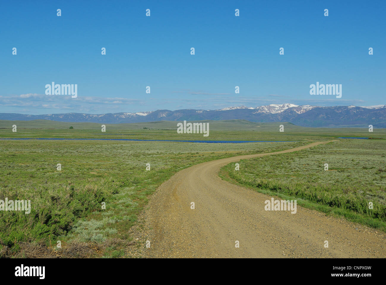Feldweg durch blaue Seen nach Colorado Rockies, Arapaho National Wildlife Refuge, Stockfoto