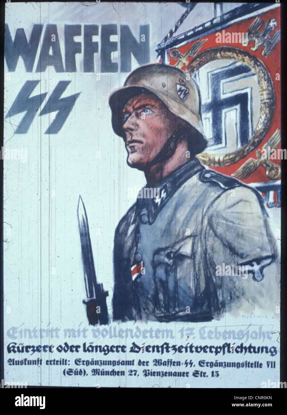 Propagandaplakate des Zweiten Weltkriegs wurden von verschiedenen Nationen verwendet, um die öffentliche Unterstützung für die Kriegsanstrengungen zu gewinnen. Diese Plakate enthielten oft kühne Botschaften, patriotische Symbole und Handlungsaufrufe, um die Einberufung zu fördern, Ressourcen zu schonen und den Krieg zu unterstützen. Stockfoto