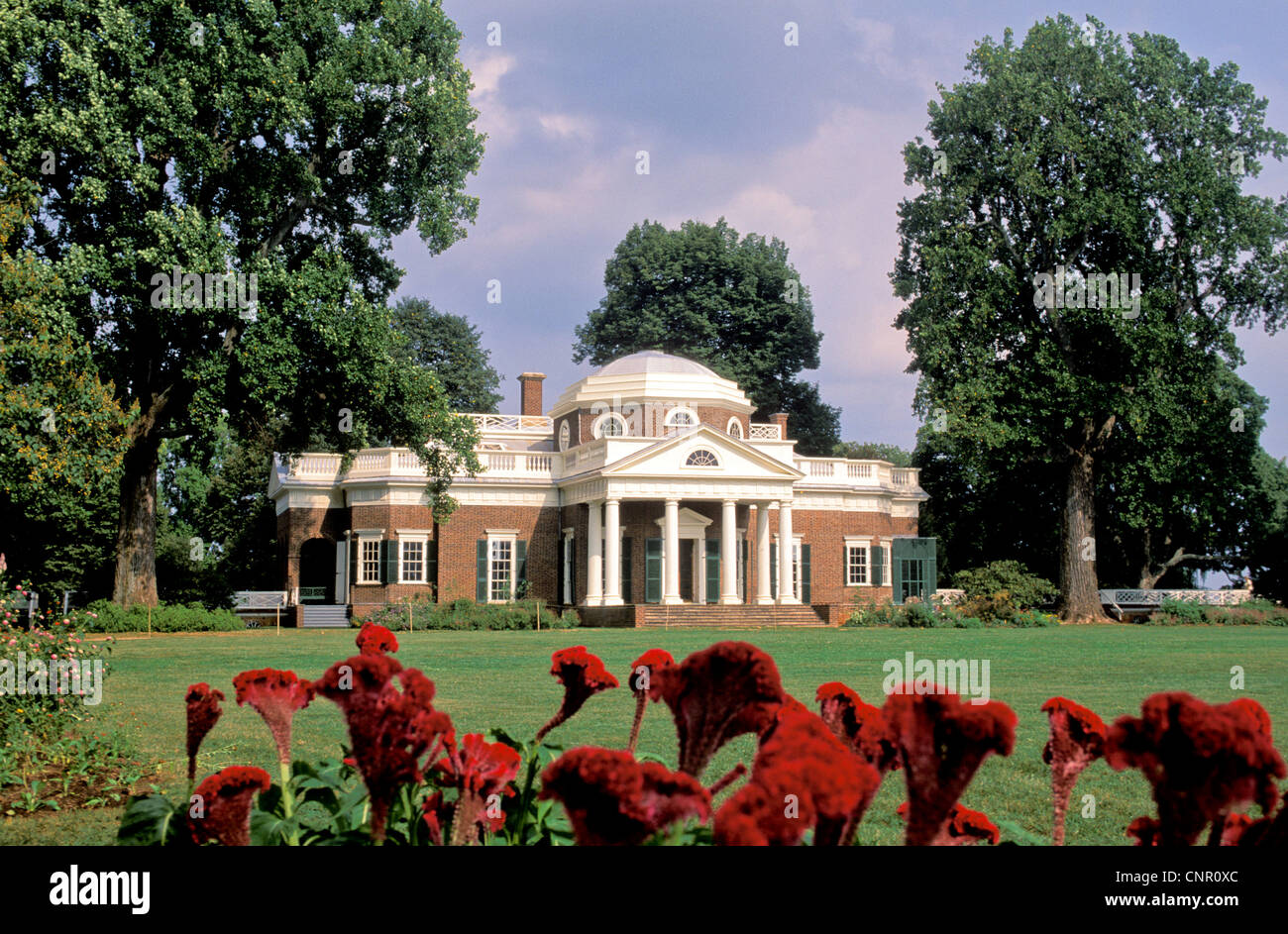 Monticello-Plantage, Heimat von Präsident Thomas Jefferson, zeigt die Spalten und die Kuppel der West-Front mit Tulpen. Stockfoto