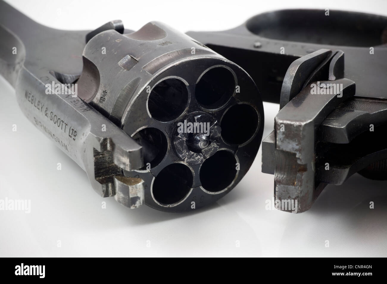 Sechs Schuss Webley.38 Kaliber Revolver zeigt den oberen Pause Mechanismus für den Zugriff auf den Zylinder und die Munition laden Stockfoto