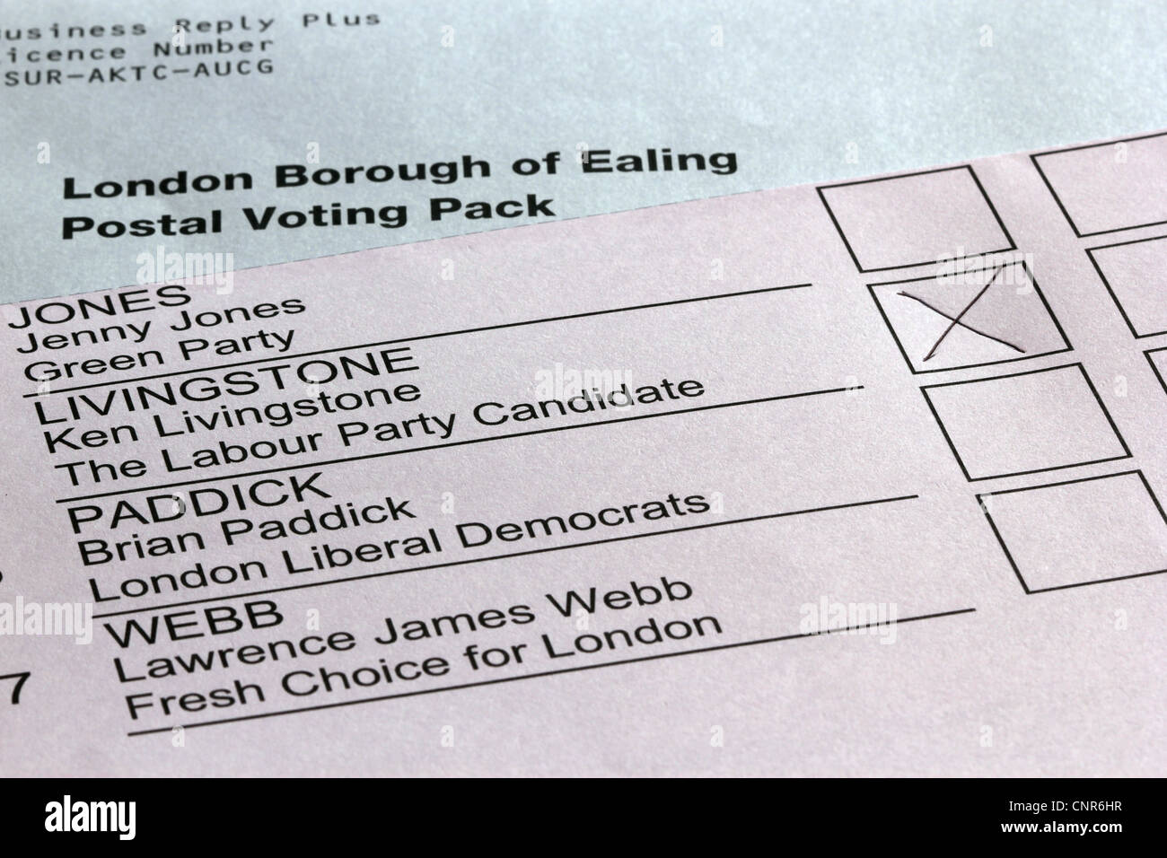 Postal Abstimmungsformulare für Mayoral und London Versammlung Wahlen 2012 Stockfoto