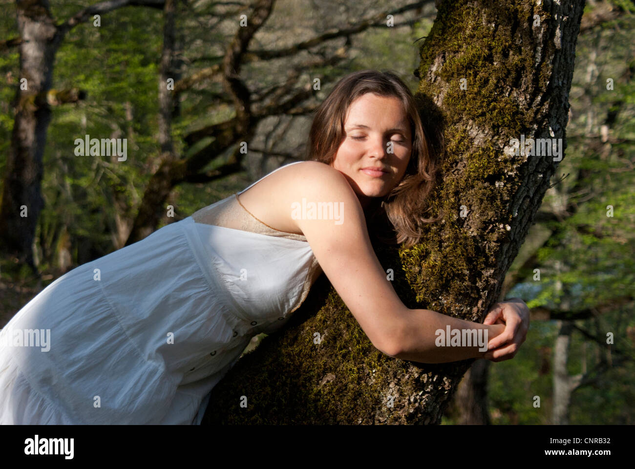 Junge Frau umarmt herzlich einen Baum mit Liebe Stockfoto