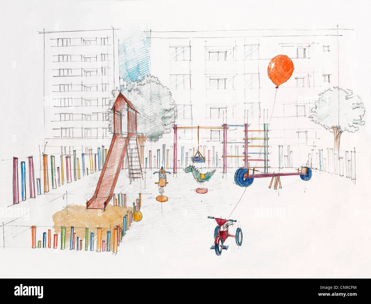 farbige Skizze Perspektive der Kinderspielplatz im freien Stockfoto