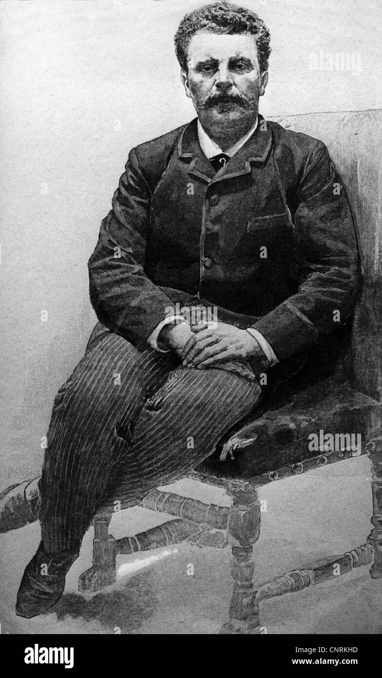 Maupassant, Guy de, 5.8.1850 - 7.7.1893, französischer Schriftsteller, voller Länge, Zeichnung nach Foto von Roger Villet, Stockfoto