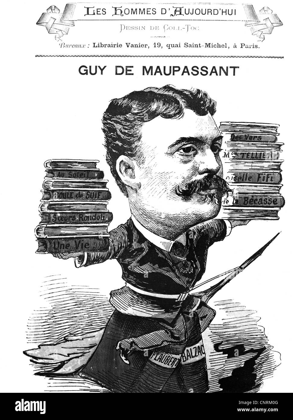 Maupassant, Guy de, 5.8.1850 - 7.7.1893, französischer Autor/Schriftsteller, Karikatur, Ende des 19. Jahrhunderts, Stockfoto